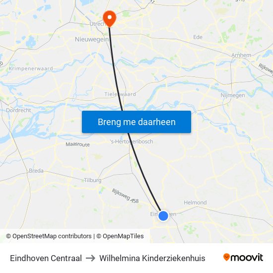 Eindhoven Centraal to Wilhelmina Kinderziekenhuis map