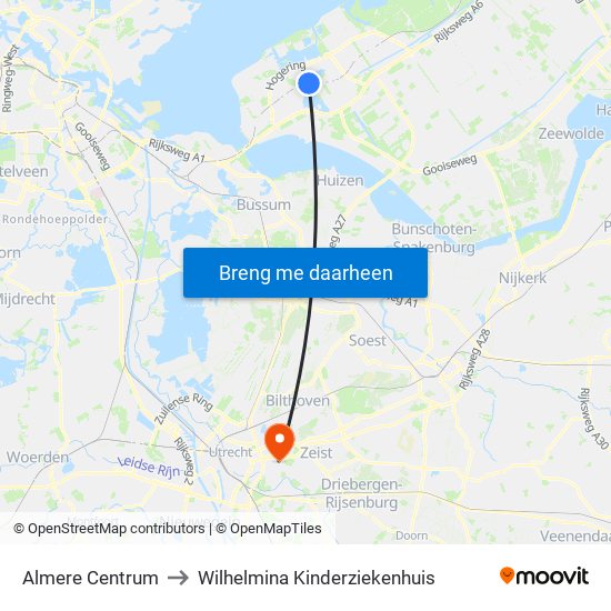 Almere Centrum to Wilhelmina Kinderziekenhuis map