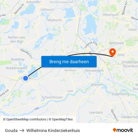 Gouda to Wilhelmina Kinderziekenhuis map