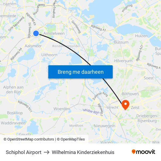 Schiphol Airport to Wilhelmina Kinderziekenhuis map
