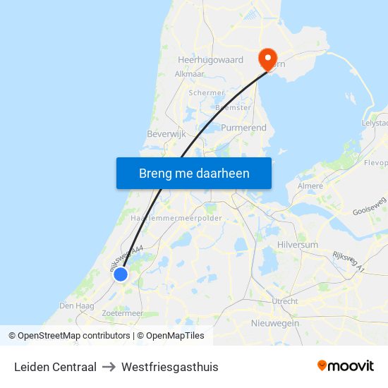 Leiden Centraal to Westfriesgasthuis map