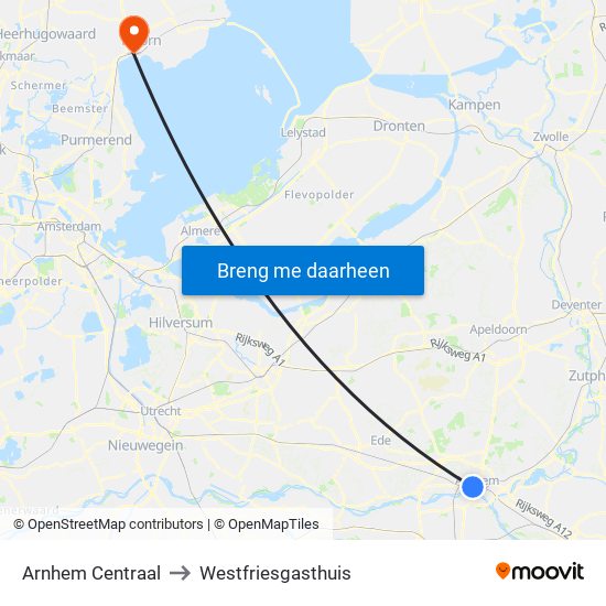 Arnhem Centraal to Westfriesgasthuis map