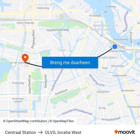 Centraal Station to OLVG, locatie West map