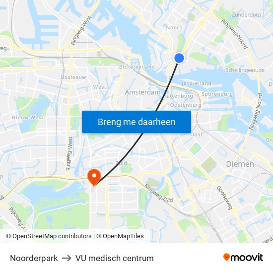 Noorderpark to VU medisch centrum map