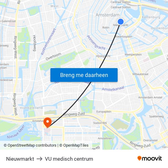 Nieuwmarkt to VU medisch centrum map