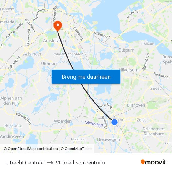 Utrecht Centraal to VU medisch centrum map