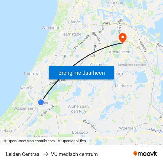Leiden Centraal to VU medisch centrum map
