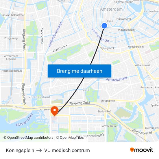 Koningsplein to VU medisch centrum map