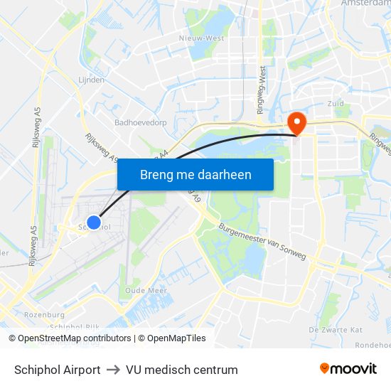 Schiphol Airport to VU medisch centrum map