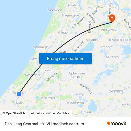 Den Haag Centraal to VU medisch centrum map