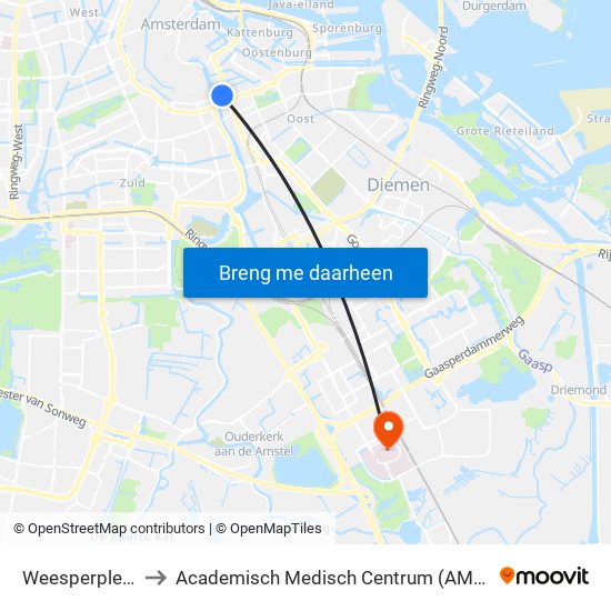 Weesperplein to Academisch Medisch Centrum (AMC) map