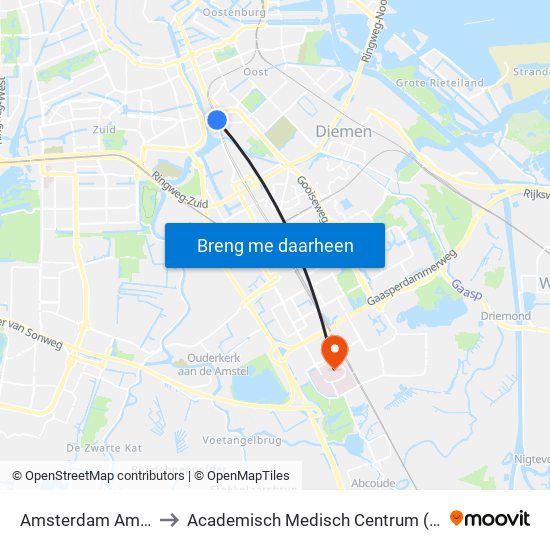 Amsterdam Amstel to Academisch Medisch Centrum (AMC) map