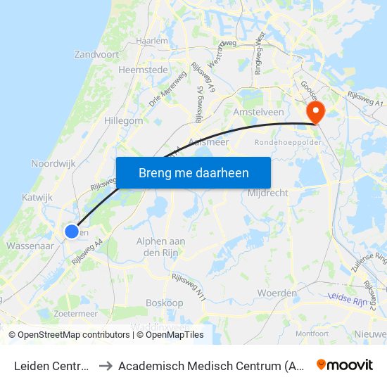 Leiden Centraal to Academisch Medisch Centrum (AMC) map