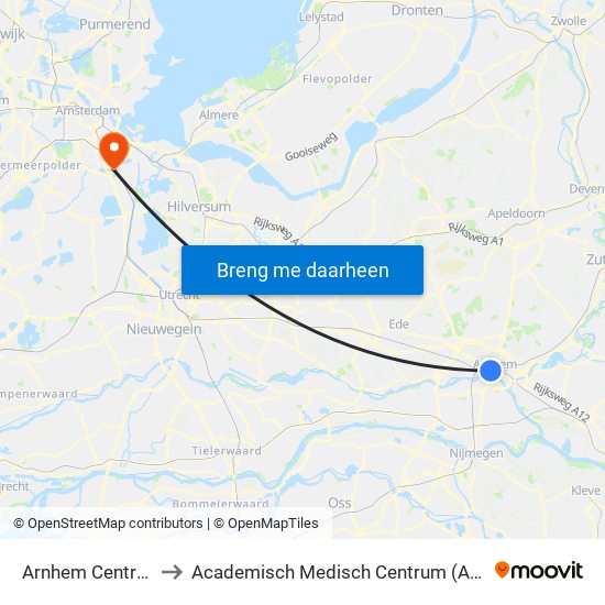 Arnhem Centraal to Academisch Medisch Centrum (AMC) map