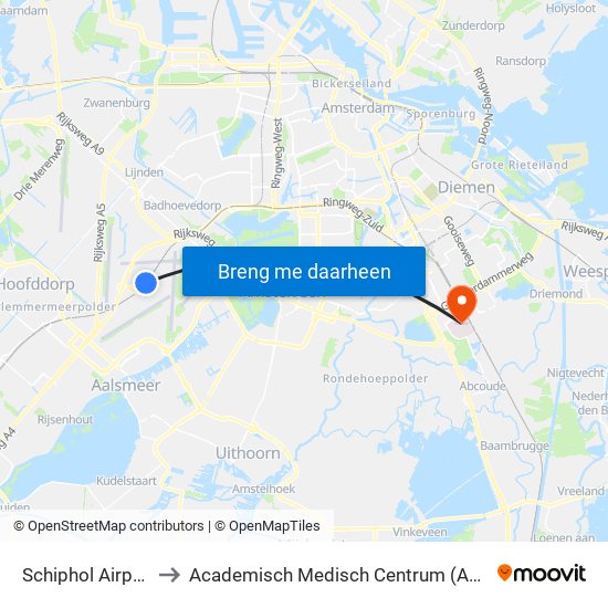 Schiphol Airport to Academisch Medisch Centrum (AMC) map