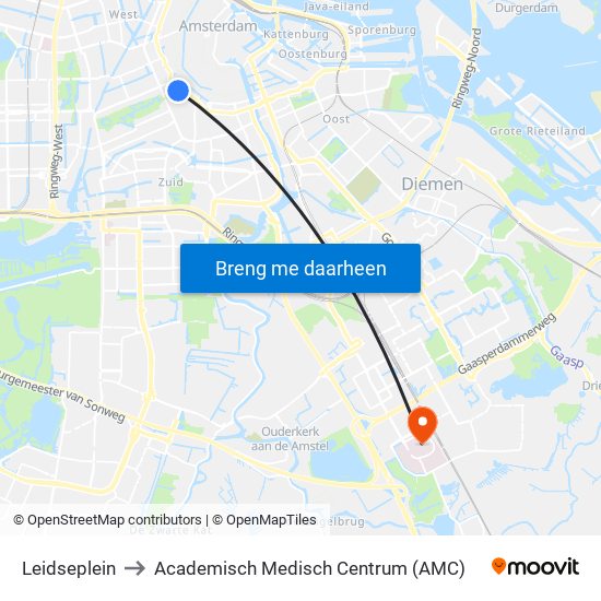 Leidseplein to Academisch Medisch Centrum (AMC) map