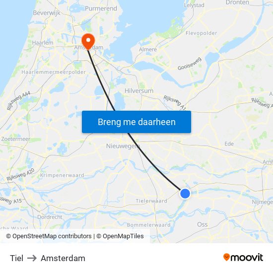 Tiel to Amsterdam map