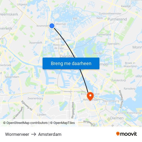 Wormerveer to Amsterdam map