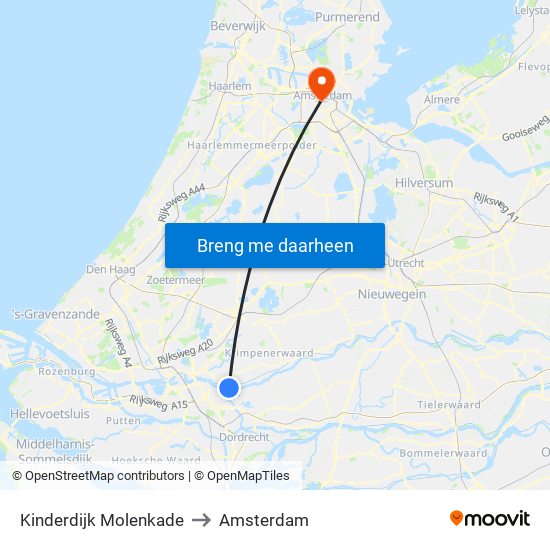 Kinderdijk Molenkade to Amsterdam map