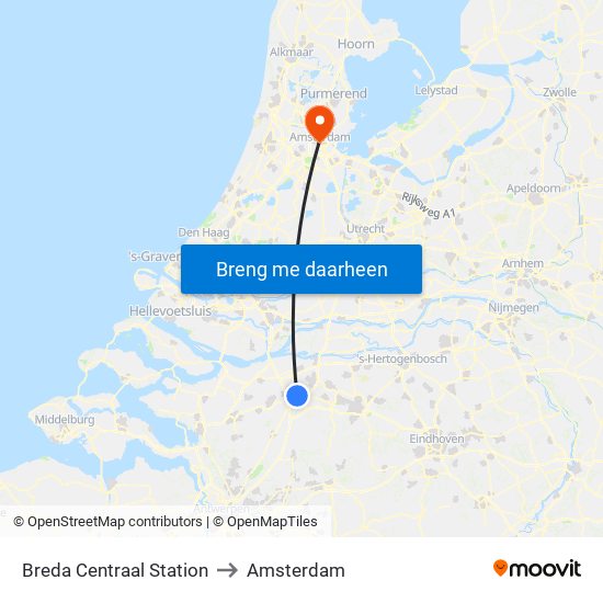 Breda Centraal Station to Amsterdam map