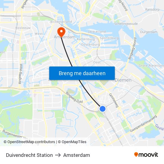 Duivendrecht Station to Amsterdam map