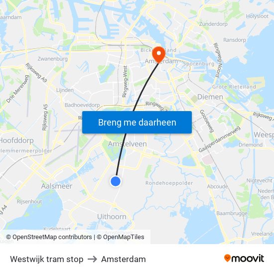 Westwijk tram stop to Amsterdam map