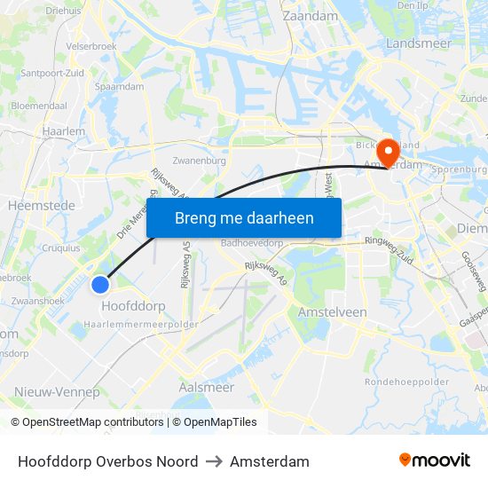 Hoofddorp Overbos Noord to Amsterdam map