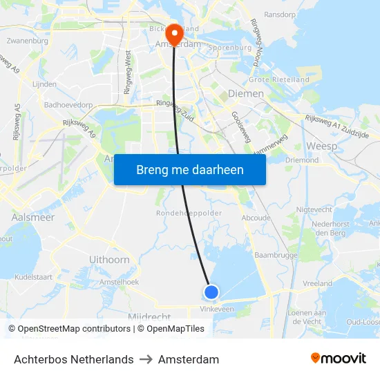Achterbos Netherlands to Amsterdam map