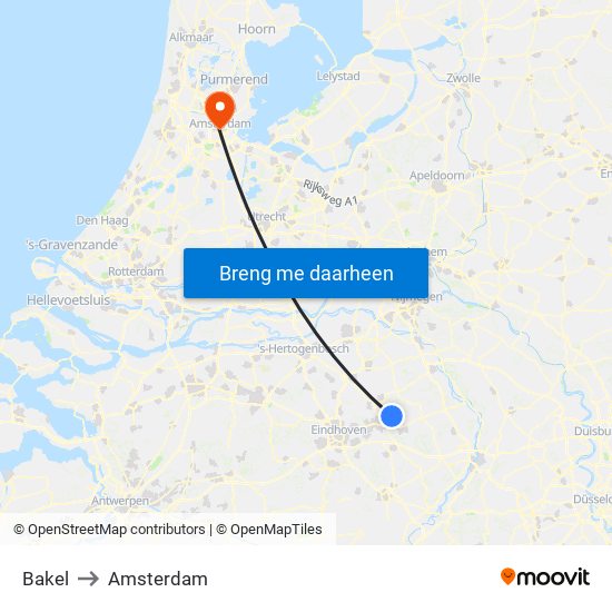 Bakel to Amsterdam map
