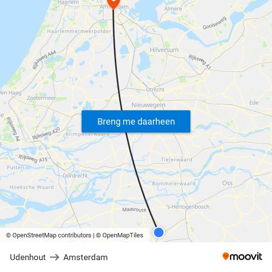 Udenhout to Amsterdam map
