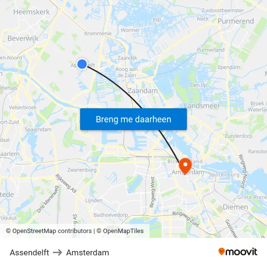 Assendelft to Amsterdam map