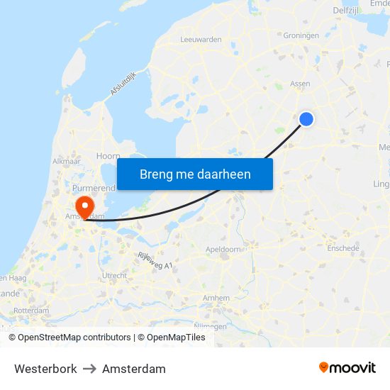 Westerbork to Amsterdam map