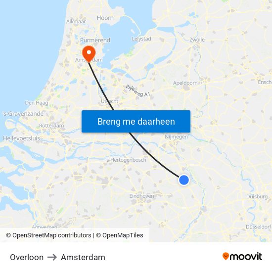 Overloon to Amsterdam map