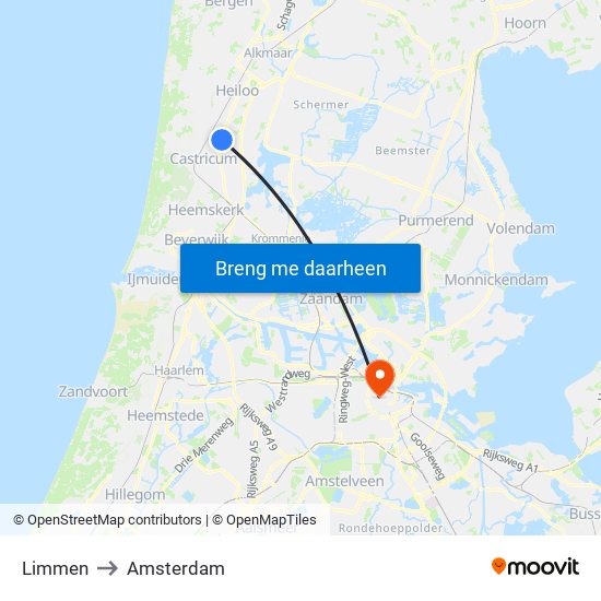 Limmen to Amsterdam map
