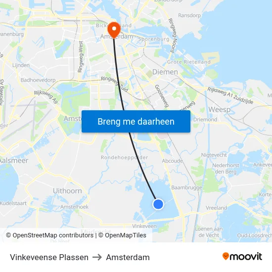 Vinkeveense Plassen to Amsterdam map
