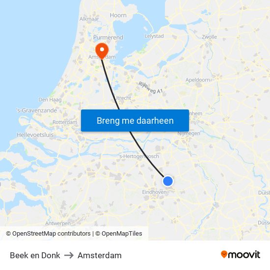 Beek en Donk to Amsterdam map
