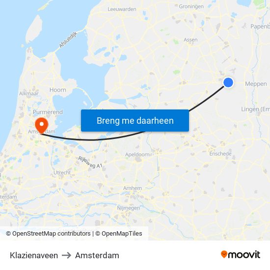 Klazienaveen to Amsterdam map