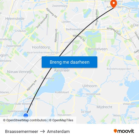Braassemermeer to Amsterdam map