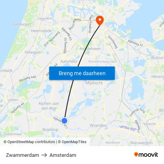 Zwammerdam to Amsterdam map