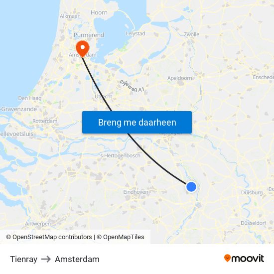 Tienray to Amsterdam map