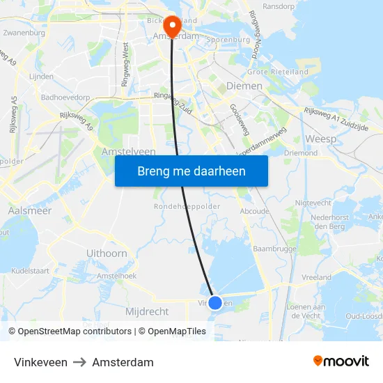 Vinkeveen to Amsterdam map