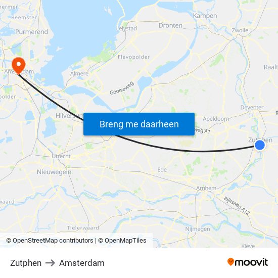 Zutphen to Amsterdam map