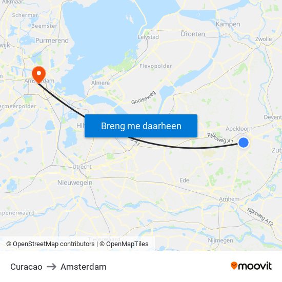 Curacao to Amsterdam map