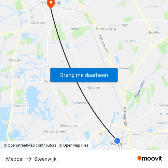 Meppel to Steenwijk map