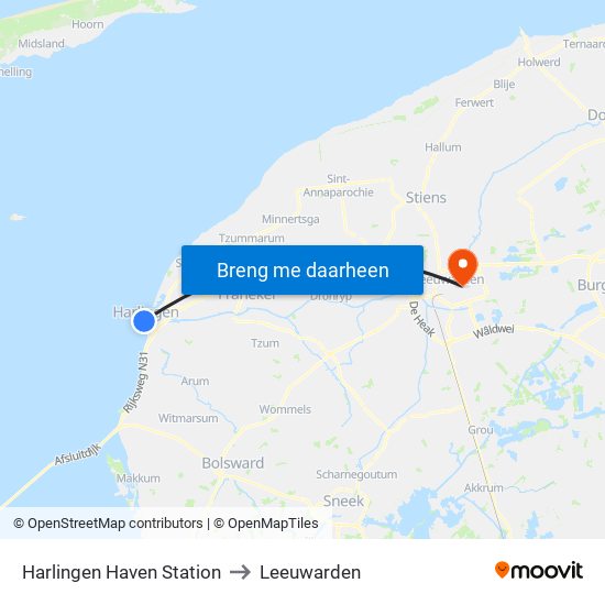 Harlingen Haven Station to Leeuwarden map