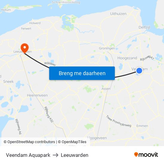 Veendam Aquapark to Leeuwarden map