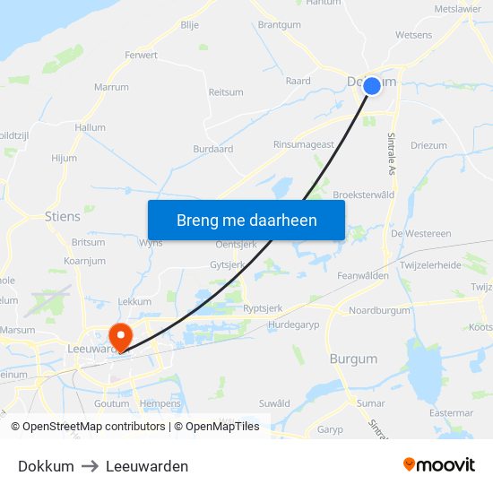 Dokkum to Leeuwarden map