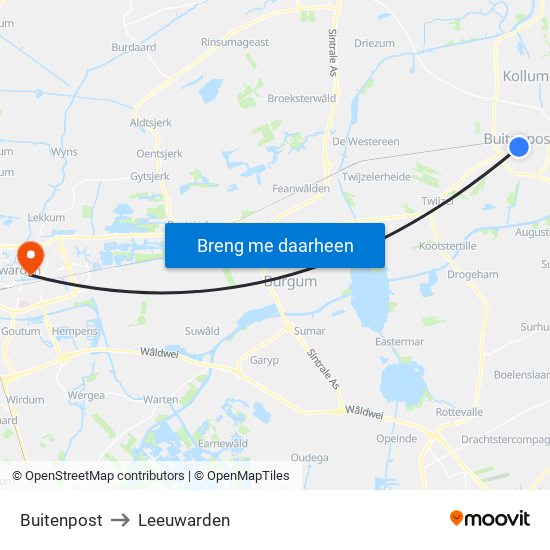 Buitenpost to Leeuwarden map