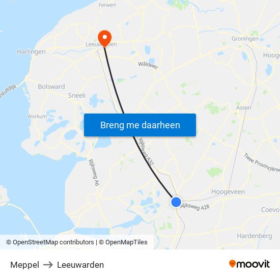 Meppel to Leeuwarden map