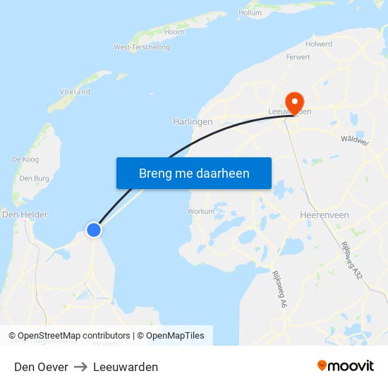 Den Oever to Leeuwarden map